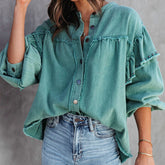 Persönlichkeit Street Nieten Laterne Ärmel Lotus Blatt Ärmel Gewaschen Raw Edge Farbe Denim Jacke